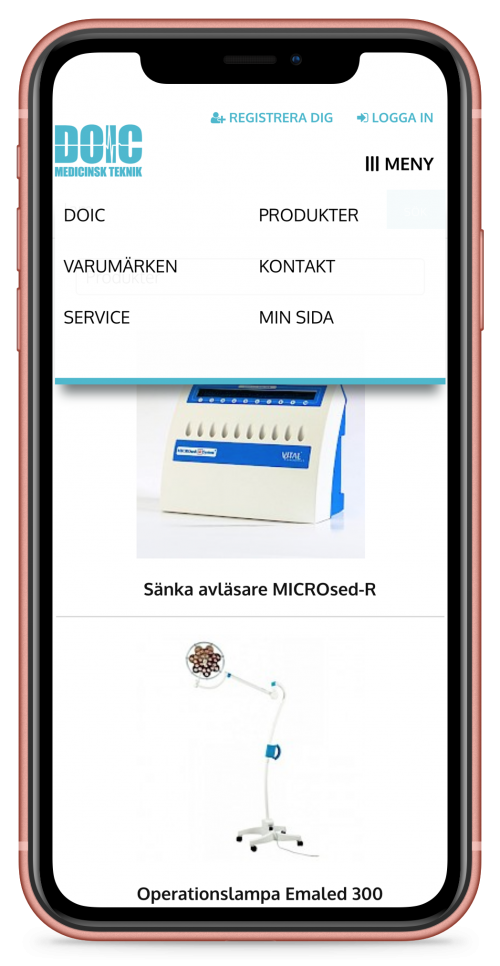 doic.se på mobilenhet. Menyn är aktiverad.